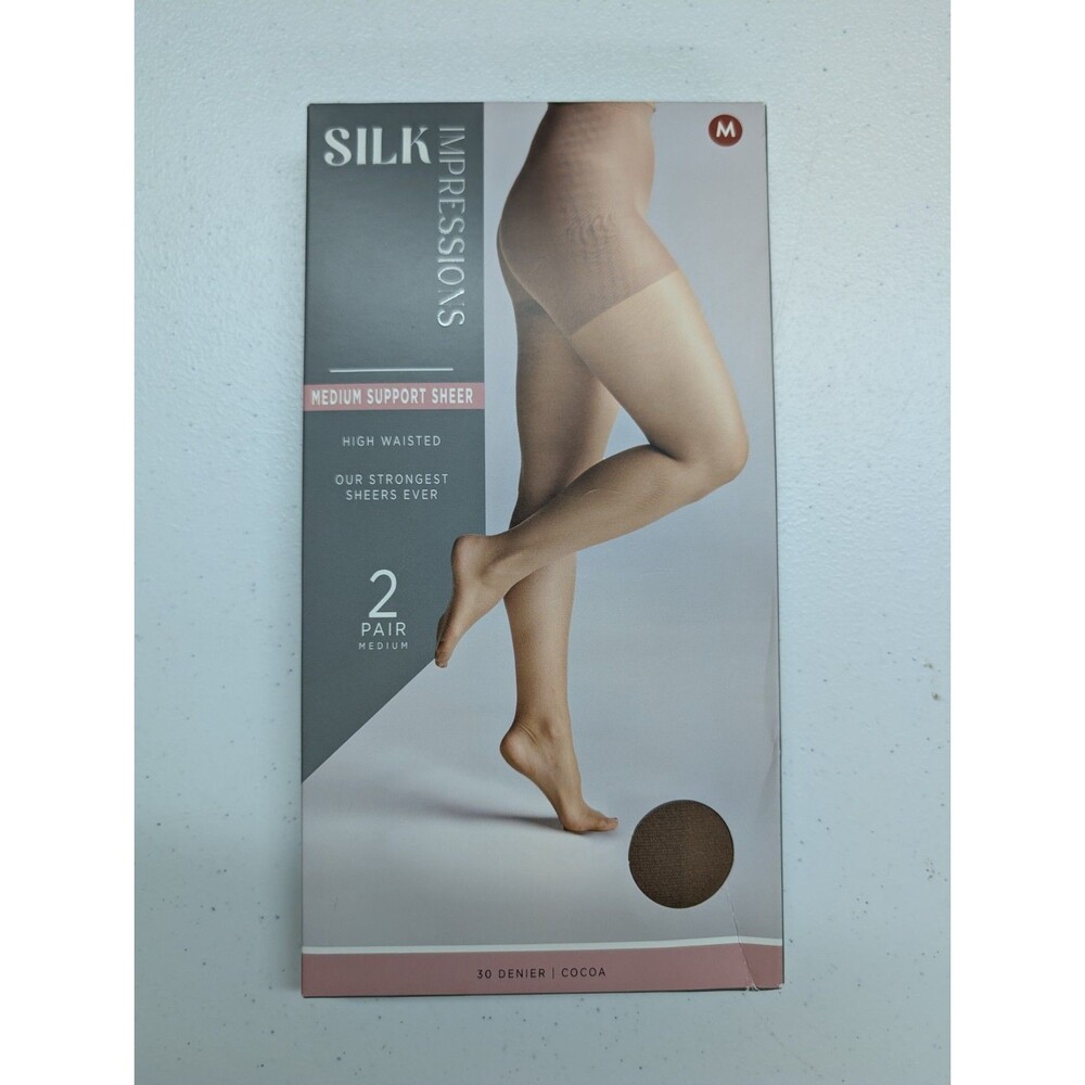 NEW 2 Pair Silk Impressions Sz Medium Support Sheer Pantyhose Cocoa High Waisted